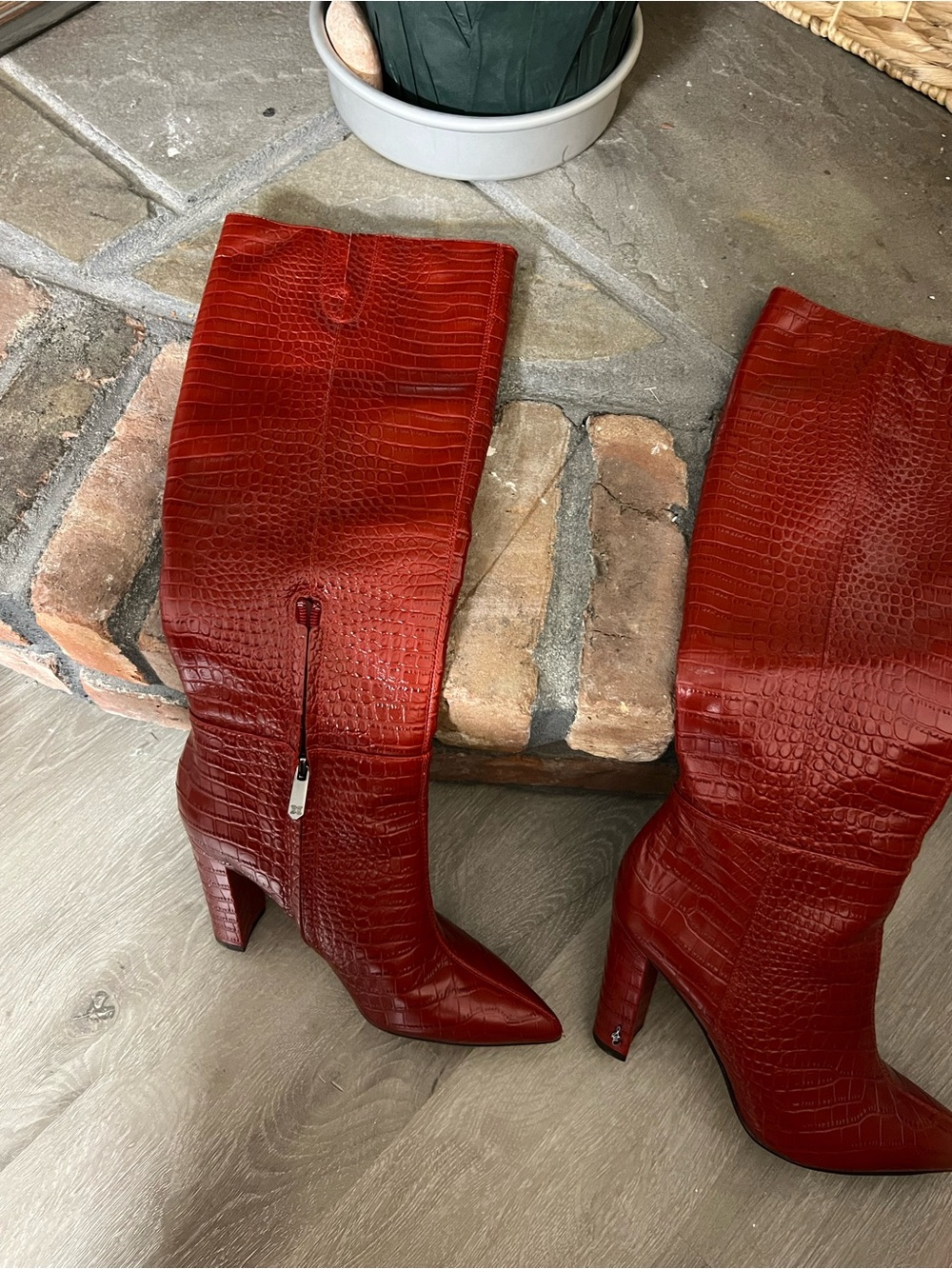 Red Sam Edelman LEATHER Snakeskin Knee-High Block Heel Boots - Picture 6 of 7